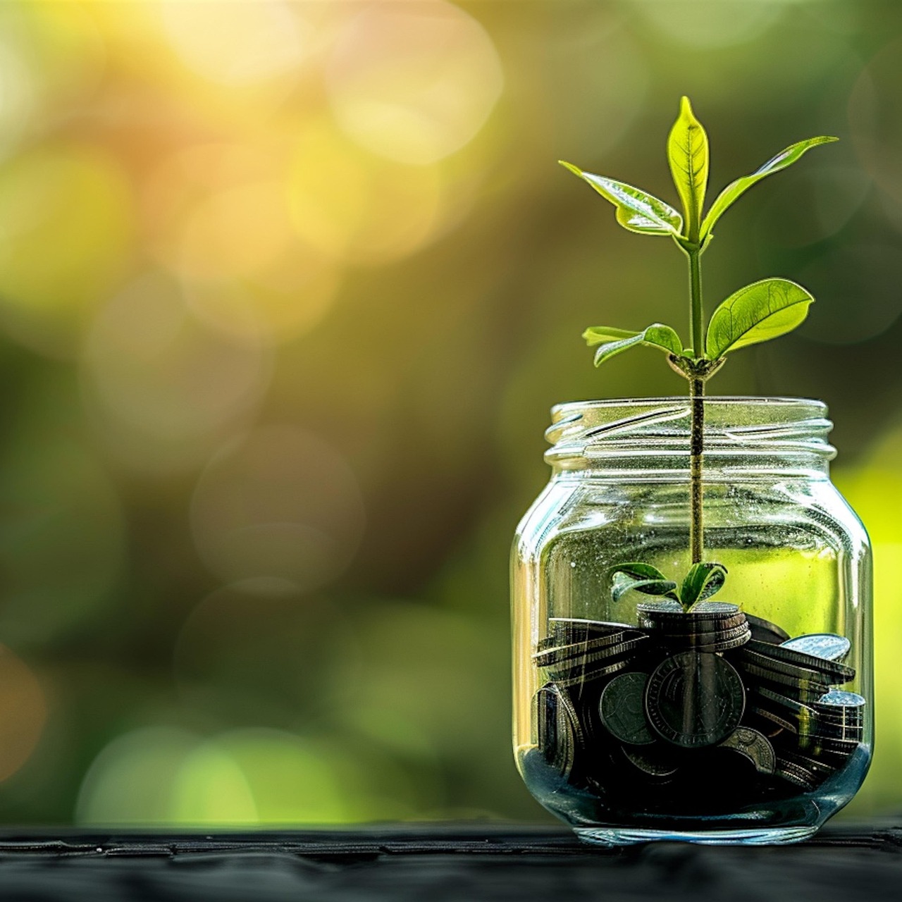 A seedling growing from a jar of coins