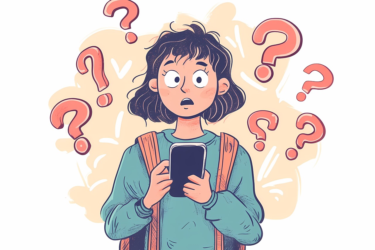 A person with a phone surrounded by question marks